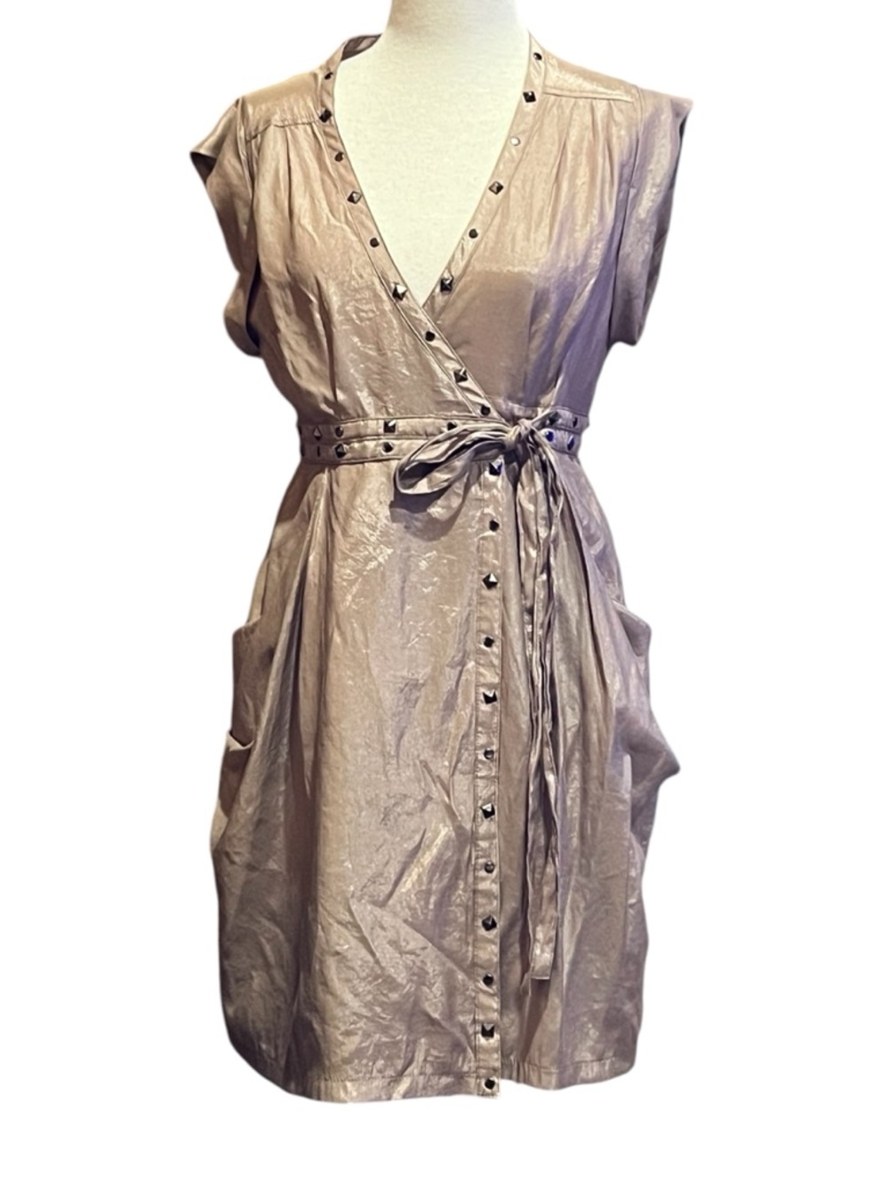 Maude Edgy Metallic Taupe Wrap Size L Studded V-Neck Party Dress